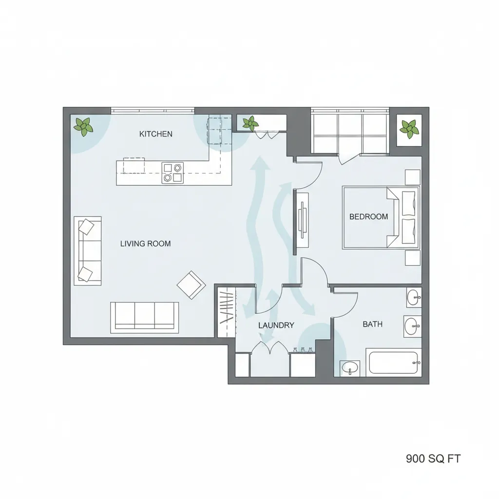 Simple floor plan layout of a 900 sq ft apartment showing cooling zones