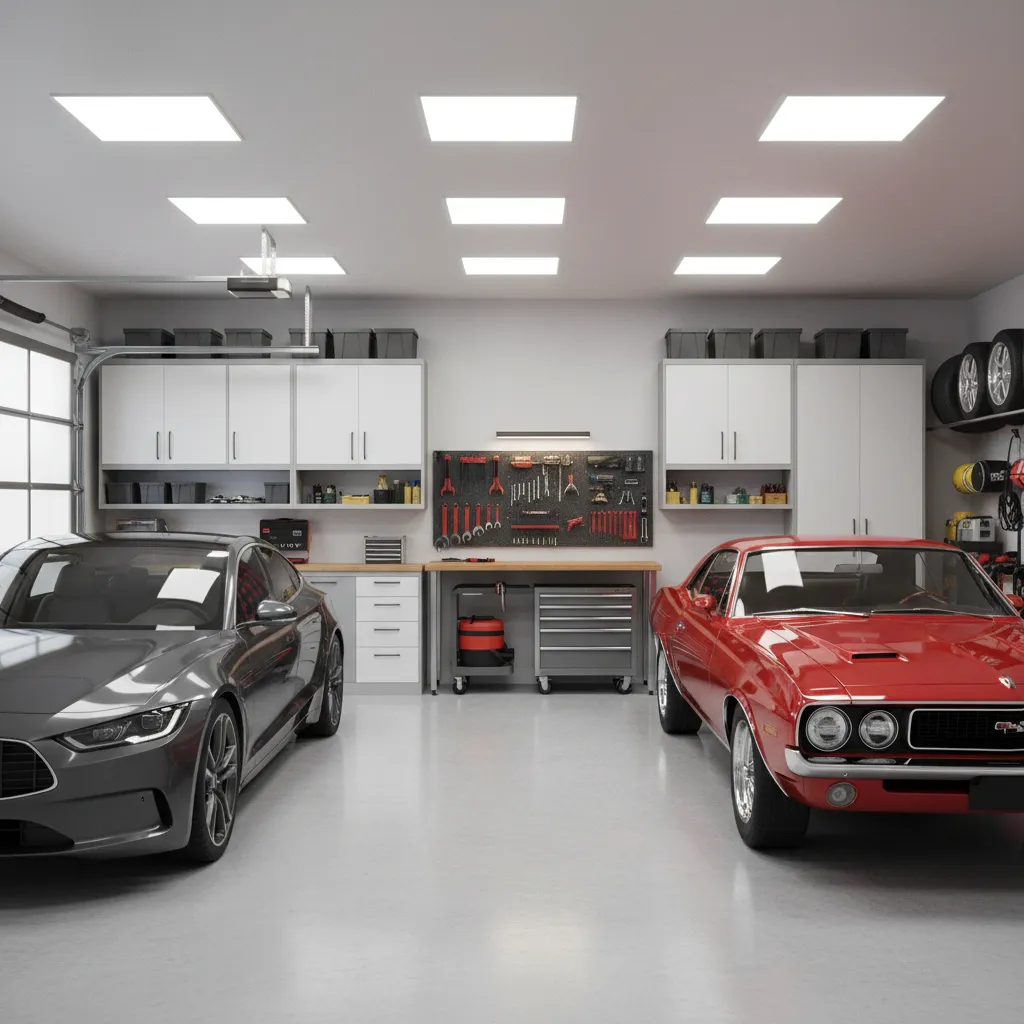 900 sq ft garage with two cars storage cabinets and workbench zone