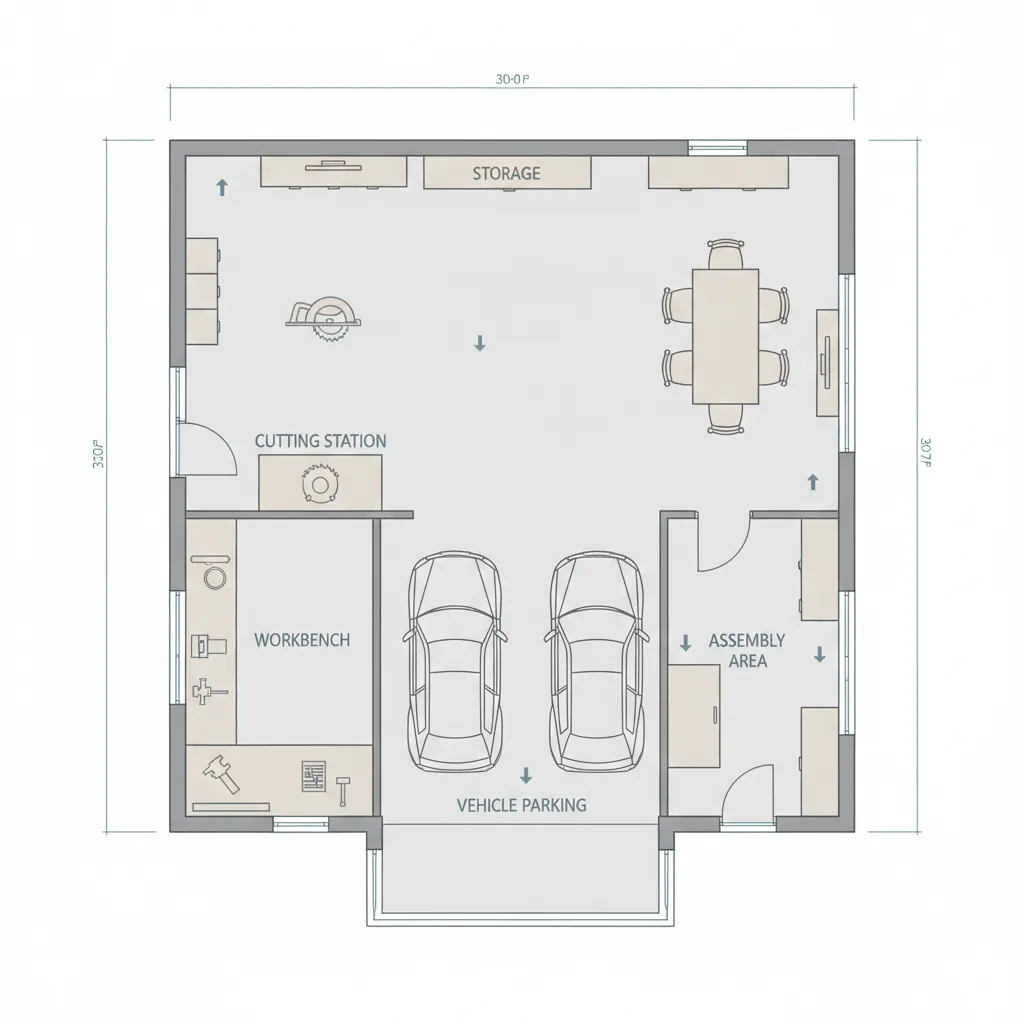example floor plan of optimized 900 sq ft garage workshop layout