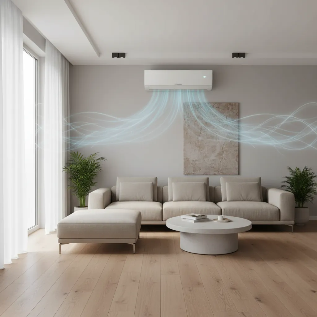 Modern 900 sq ft living room interior showing airflow from wall mounted air conditioner