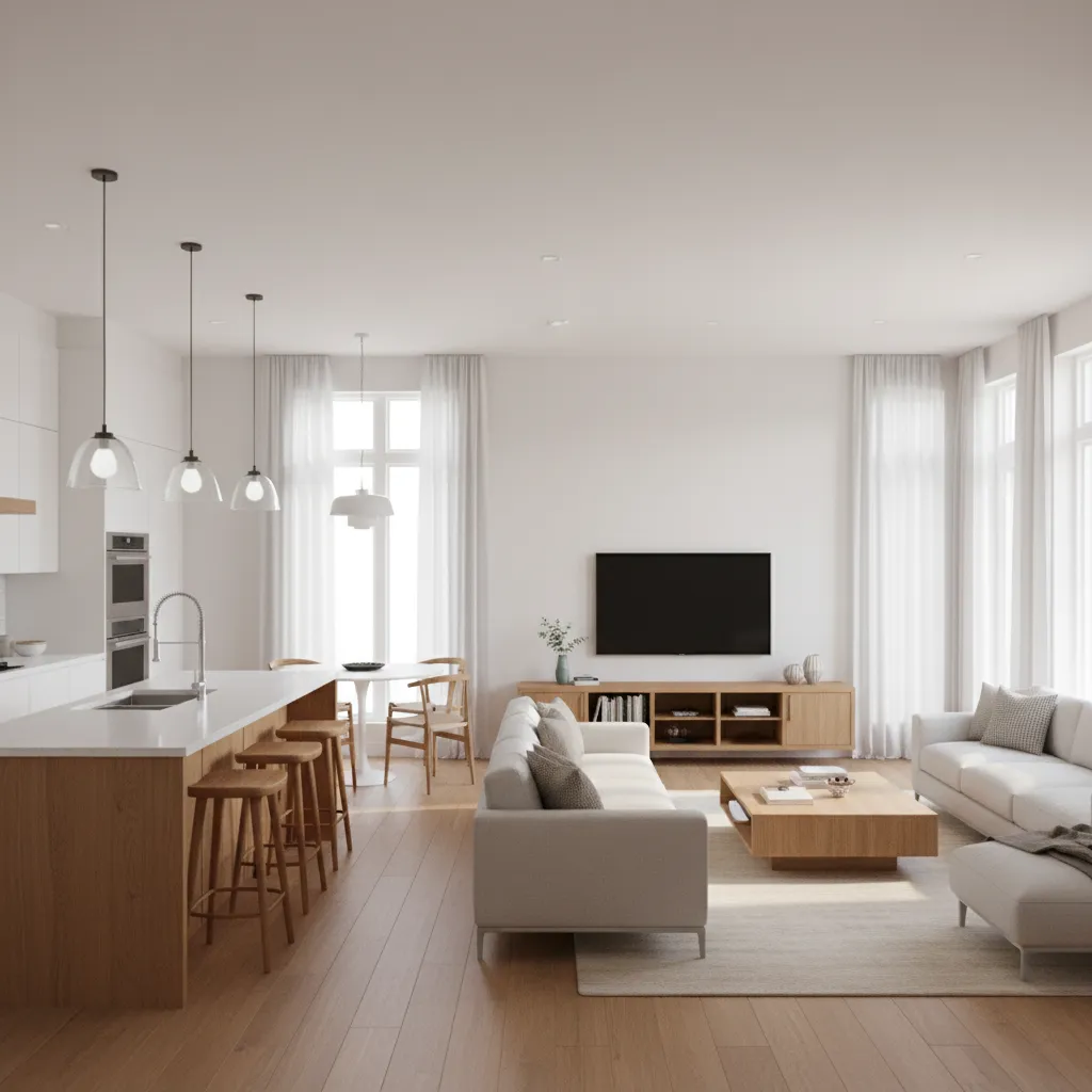 Modern open living room with white sofa wooden floor kitchen island stools and natural sunlight