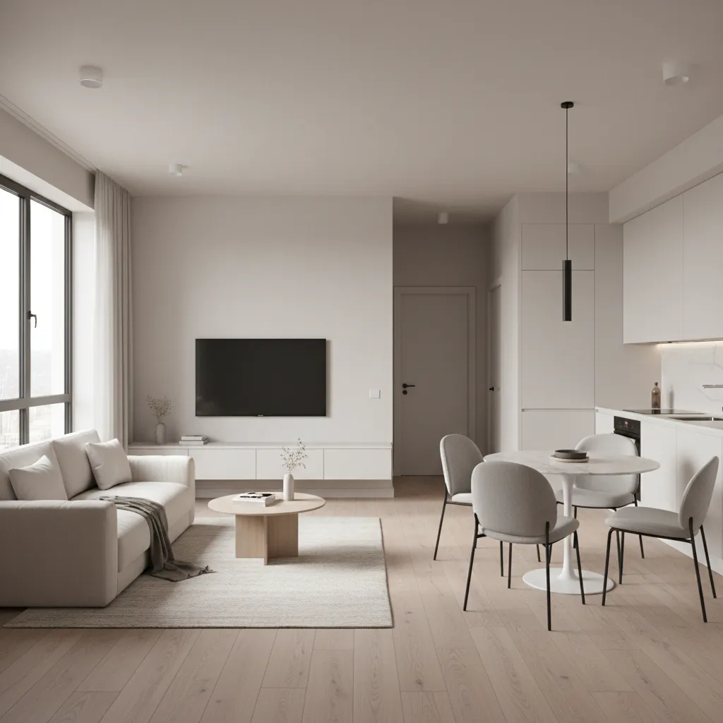 open living room layout inside a compact duplex home with modern furniture