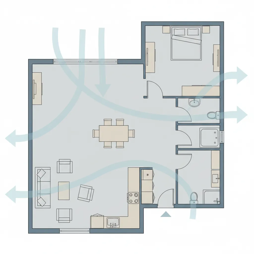 900 square foot home floor plan showing cooling zones and airflow paths