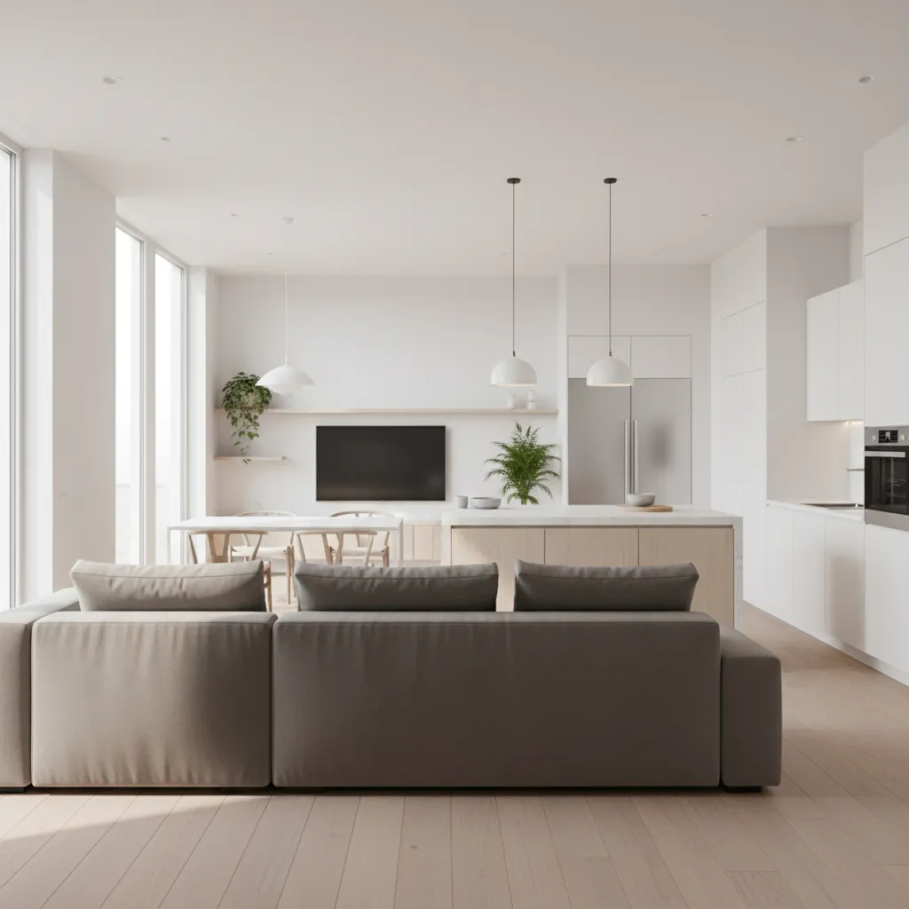 Bright open living area with grey sofa kitchen island dining table and minimalist white cabinets