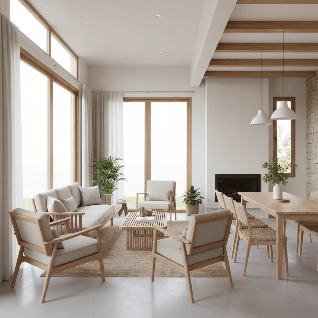 Bright living room with wooden beams grey sofa wooden chairs dining table and ceiling lights