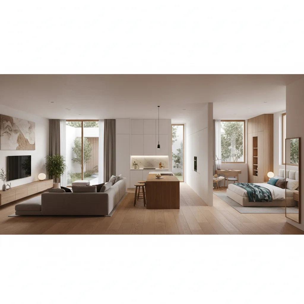 Modern open layout interior with grey sofa wooden kitchen island and bedroom with white walls