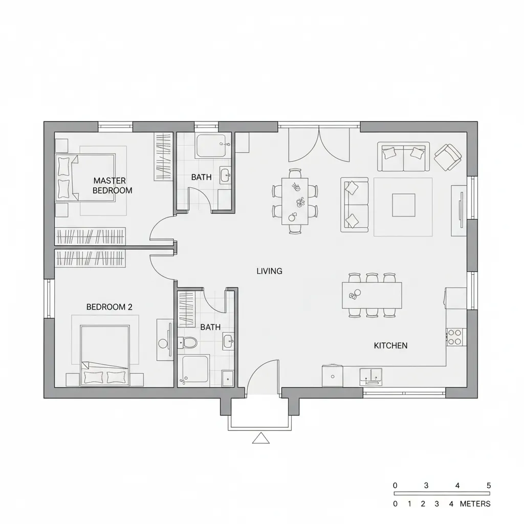 Coohom two bedroom floor plan showing living room kitchen area and two separate bathroom layouts