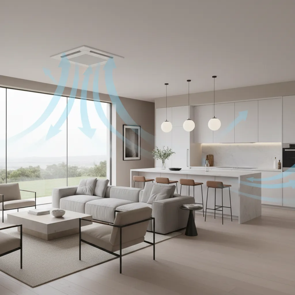 Small 972 square foot home interior showing living area and airflow for air conditioning