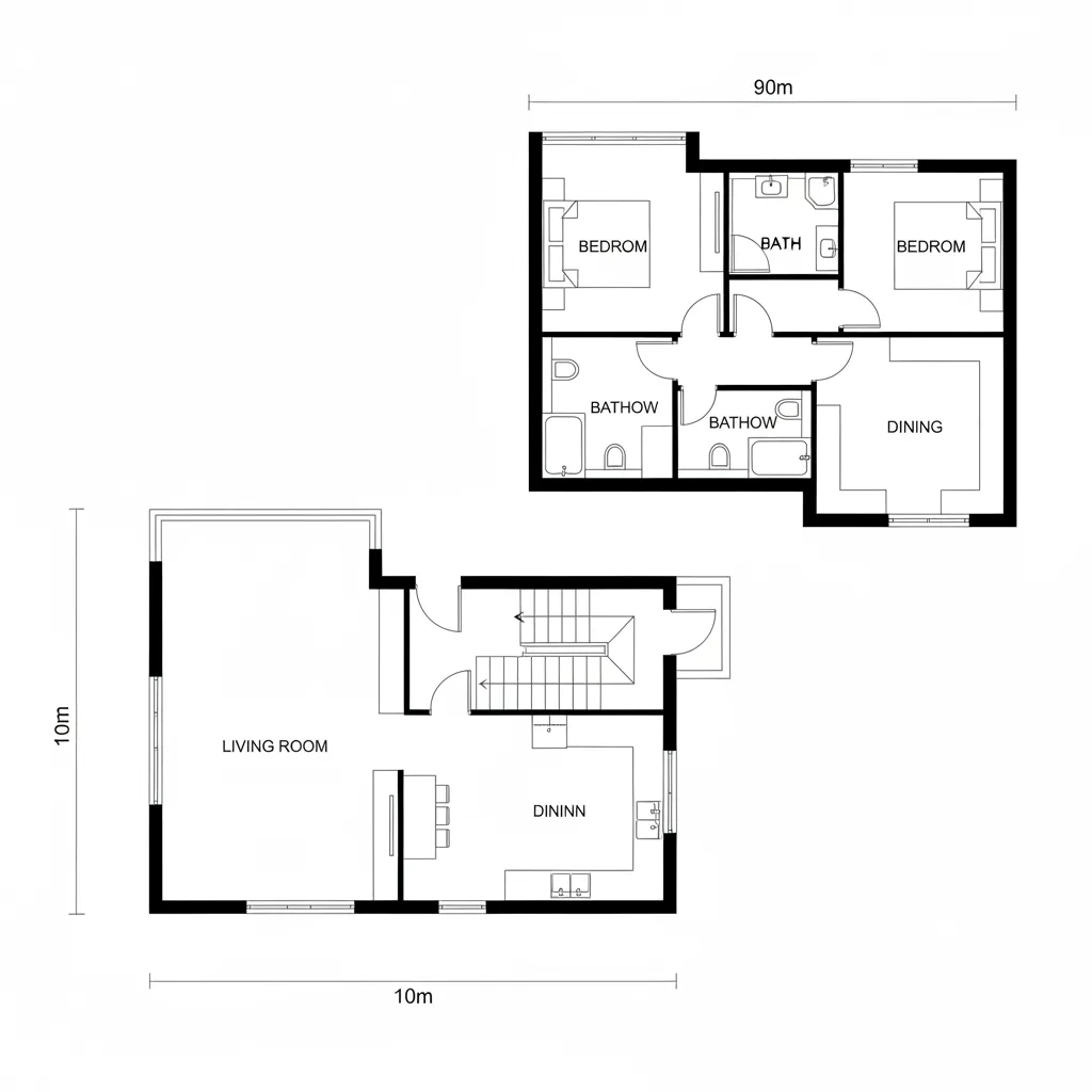 2D floor plan layout for a 9x10m two story house
