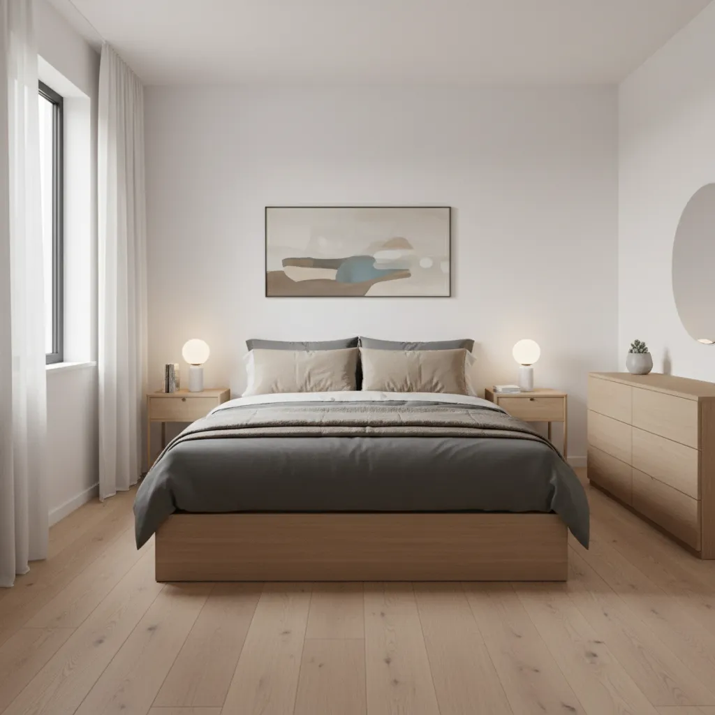 small 9x12 bedroom layout with bed and nightstands