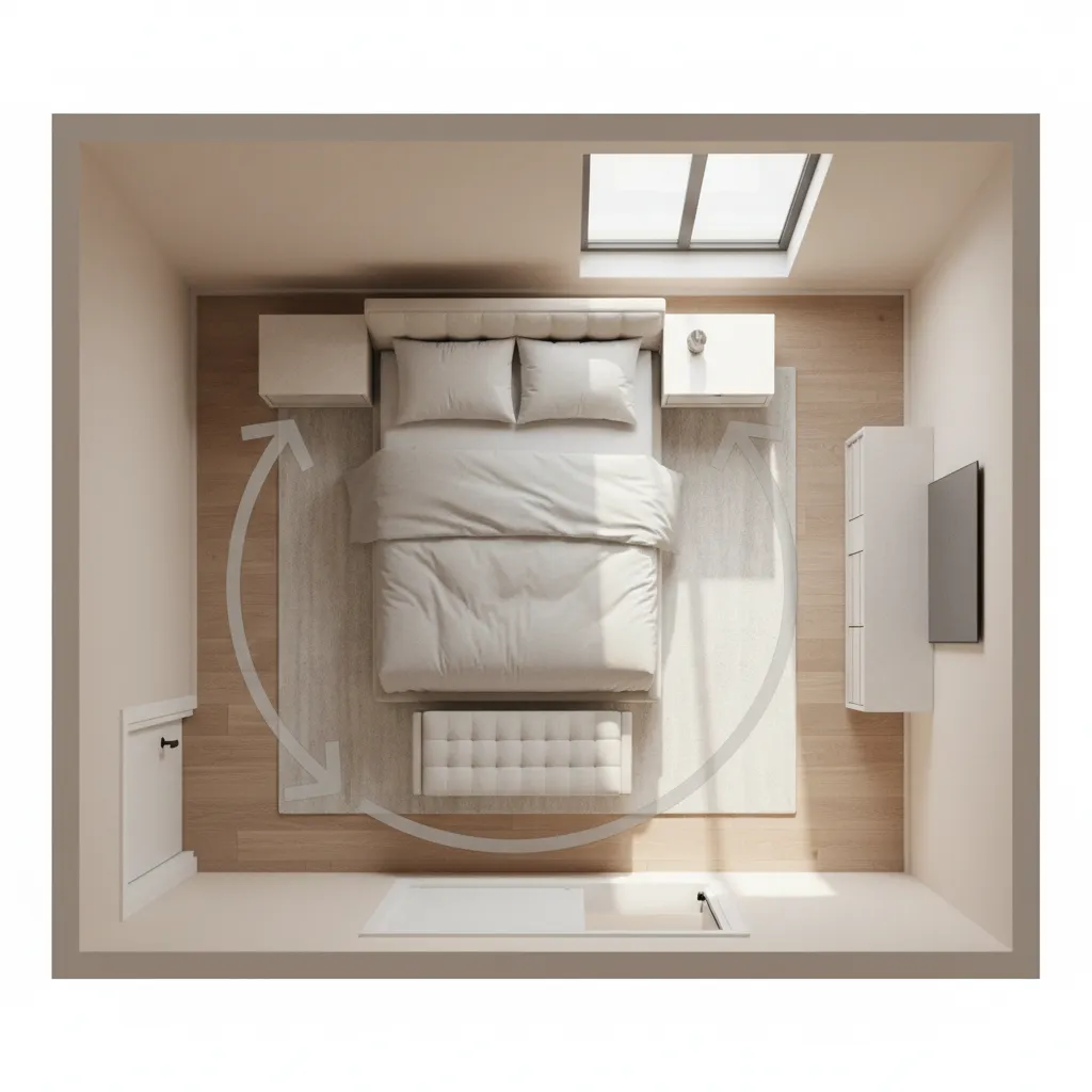 floor layout diagram of a 9 x 12 bedroom showing bed placement and walking paths