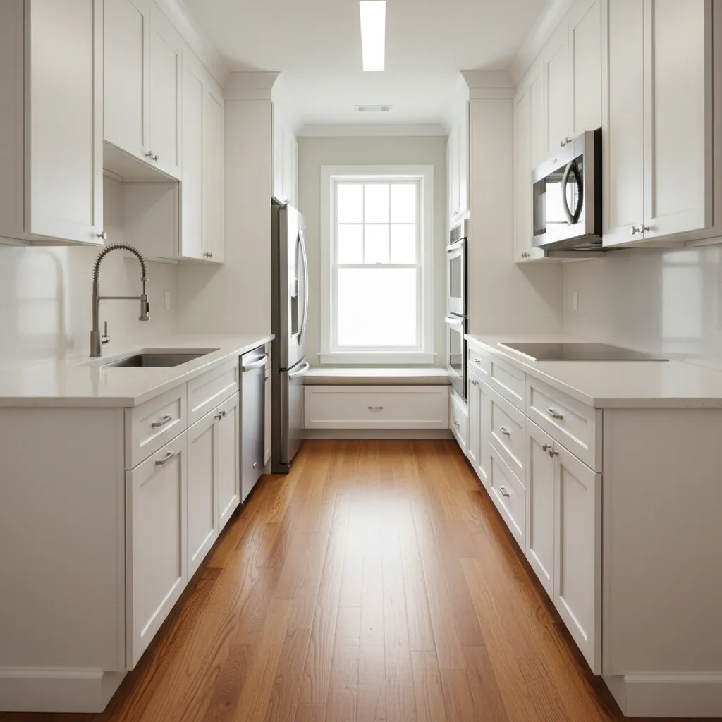 Compact galley style 9 x 13 kitchen layout with parallel counters