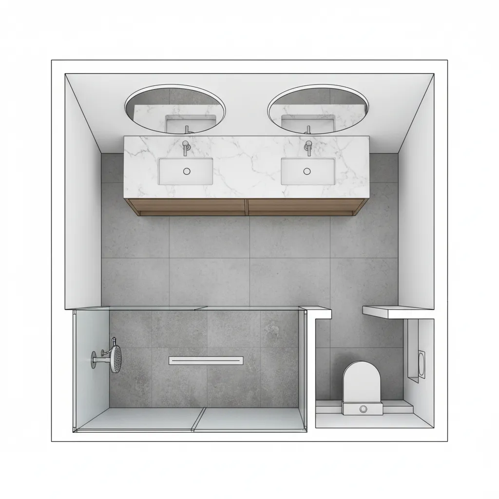 Zoned 9x14 bathroom layout showing vanity shower and toilet areas