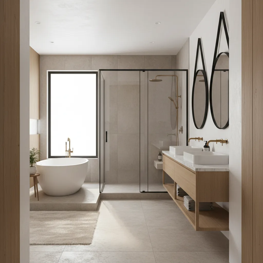 wide view of a 9x14 master bathroom interior layout with vanity tub and shower