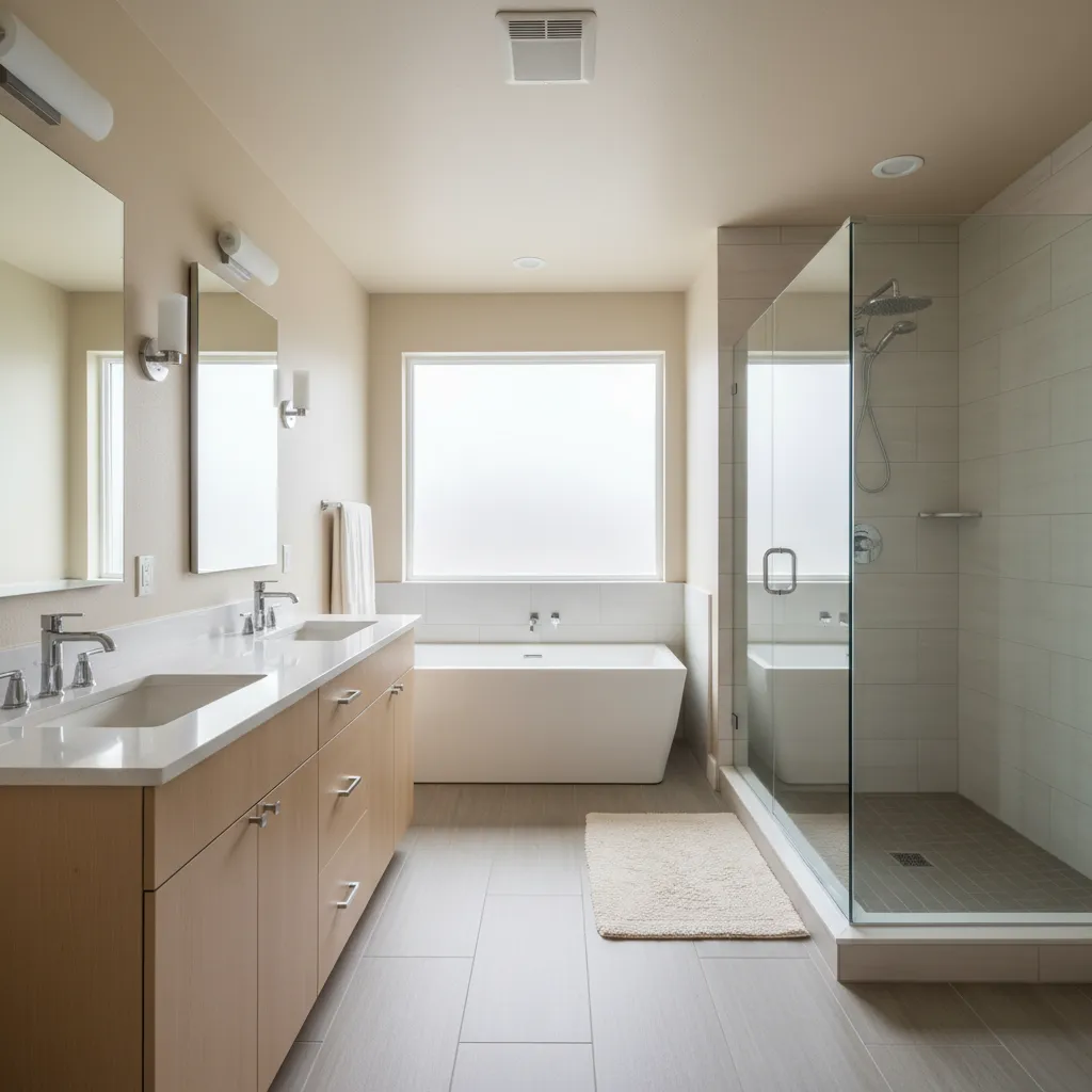 Realistic modern 9x14 master bathroom interior with double vanity and glass shower