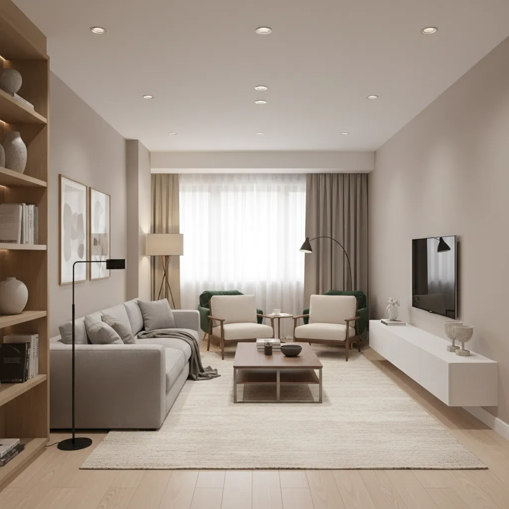 Example furniture layout for a 9 by 18 living room with two functional zones