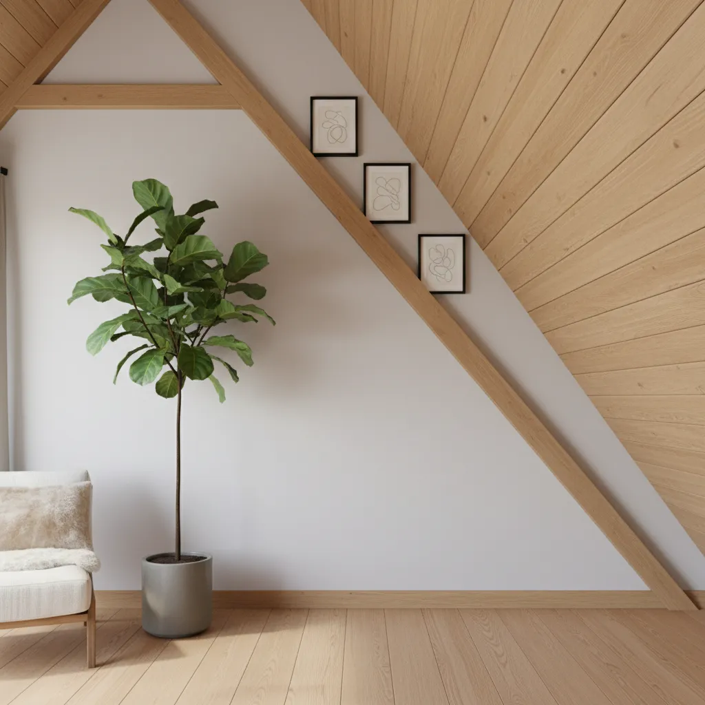 Potted green plant against white wall with slanted wood ceiling and three small framed pictures