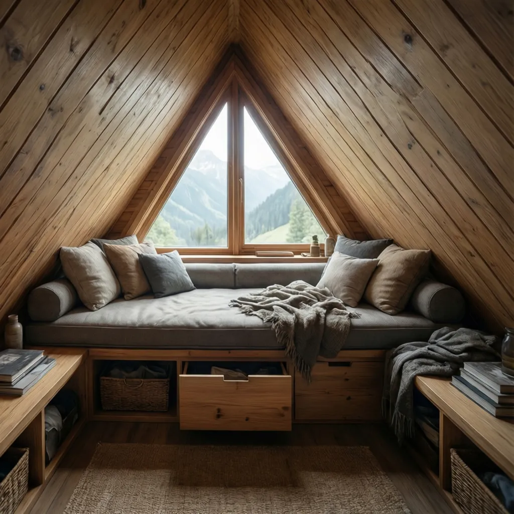 Built-in storage bench under sloped wall in an A-frame cabin