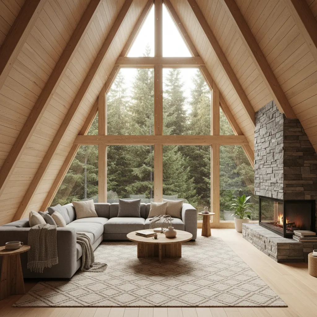 Open living room inside an A-frame vacation rental cabin with tall windows and wooden beams