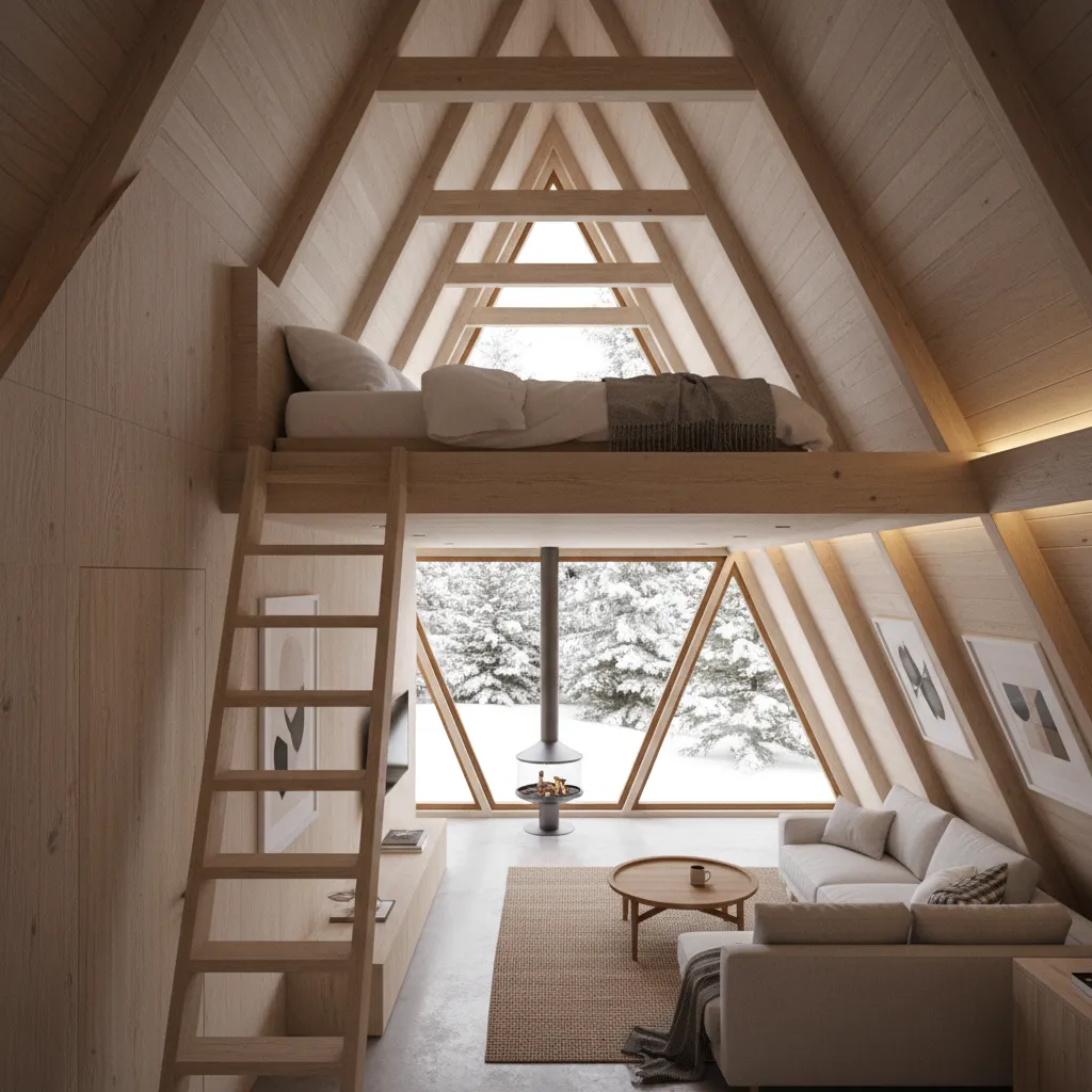 Interior layout of an A-frame cabin showing loft bedroom and open living space
