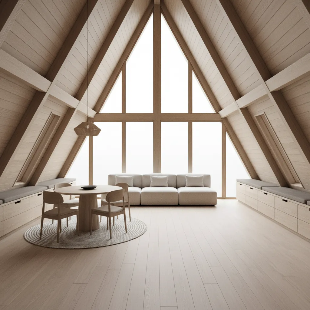 Smart furniture layout in an A-frame cabin maximizing space under sloped walls