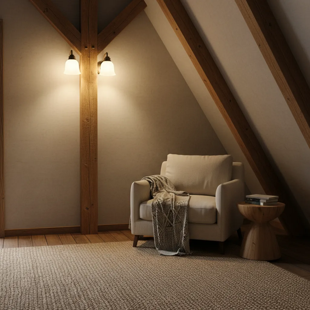 Cozy attic reading nook with beige armchair, wall lights, wooden beams, small side table, rug