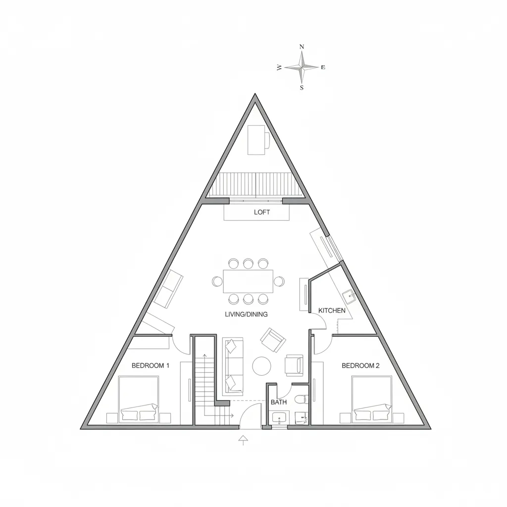 Architectural floor plan diagram of A-frame home with directional orientation