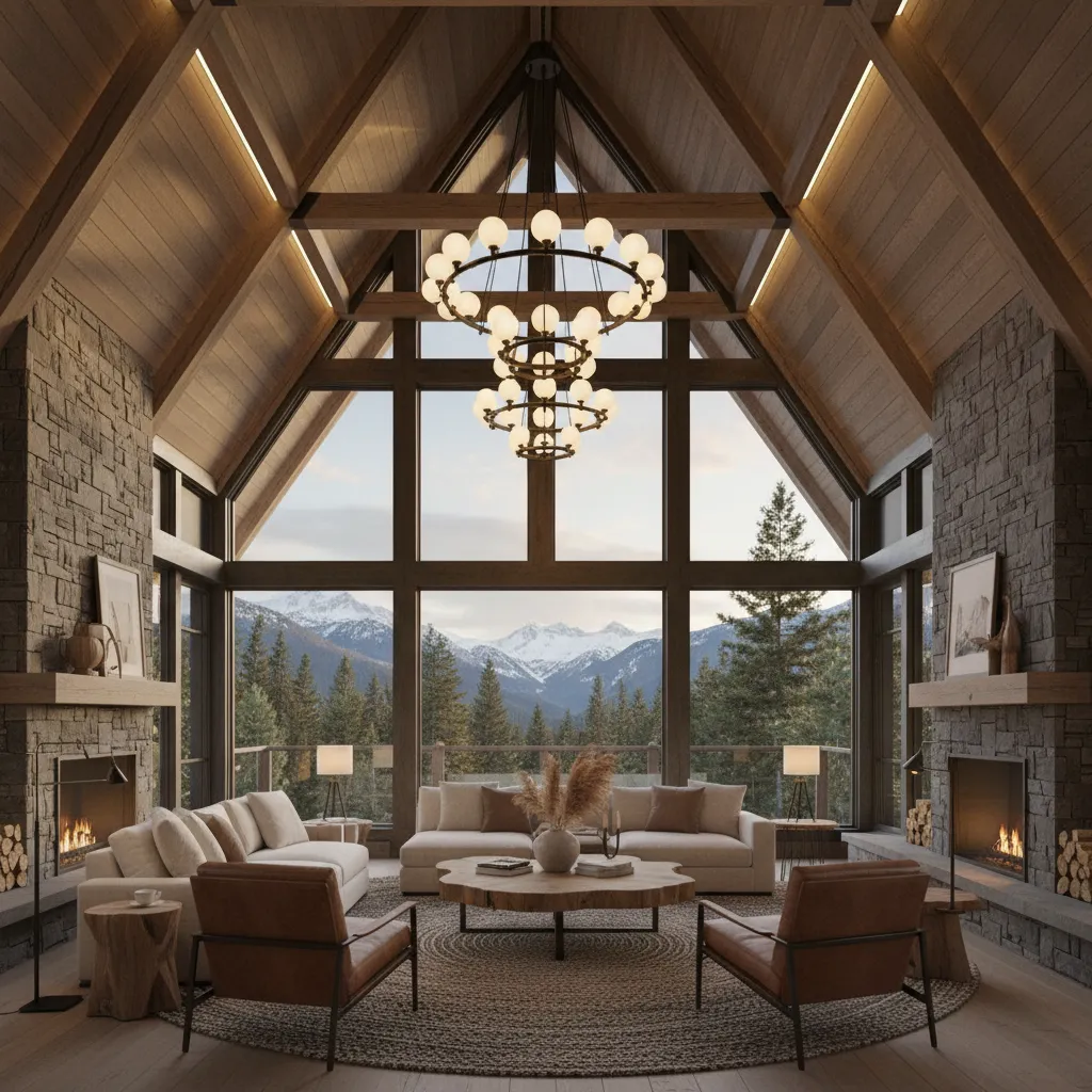 Large pendant chandelier hanging in tall A-frame living room