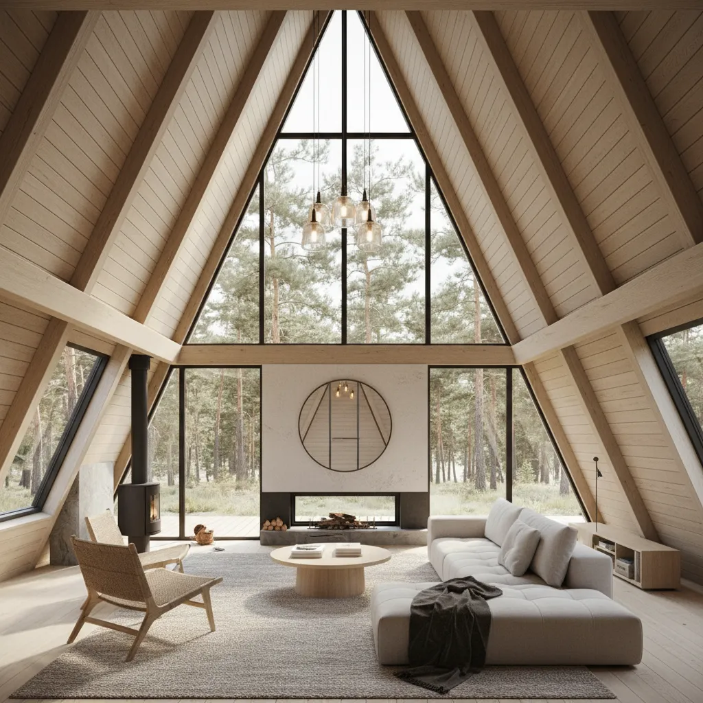 Interior of modern A-frame house showing triangular ceiling and open living layout