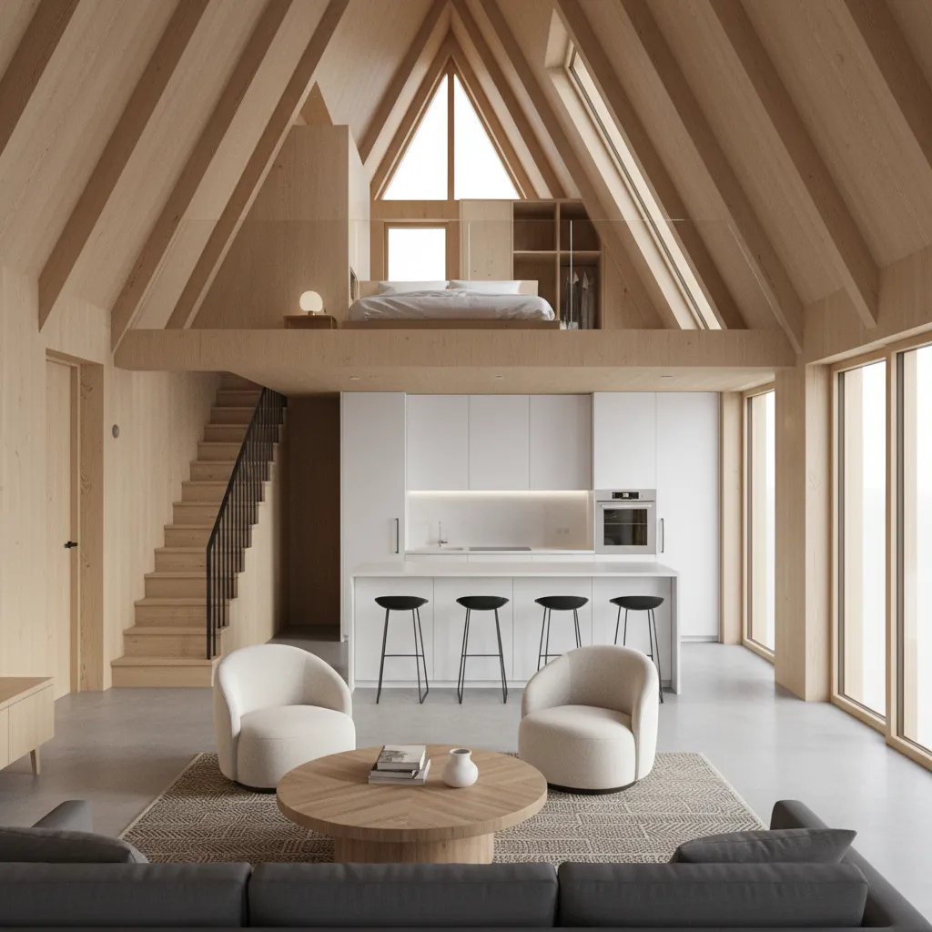 Interior zoning concept for an A-frame house floor plan