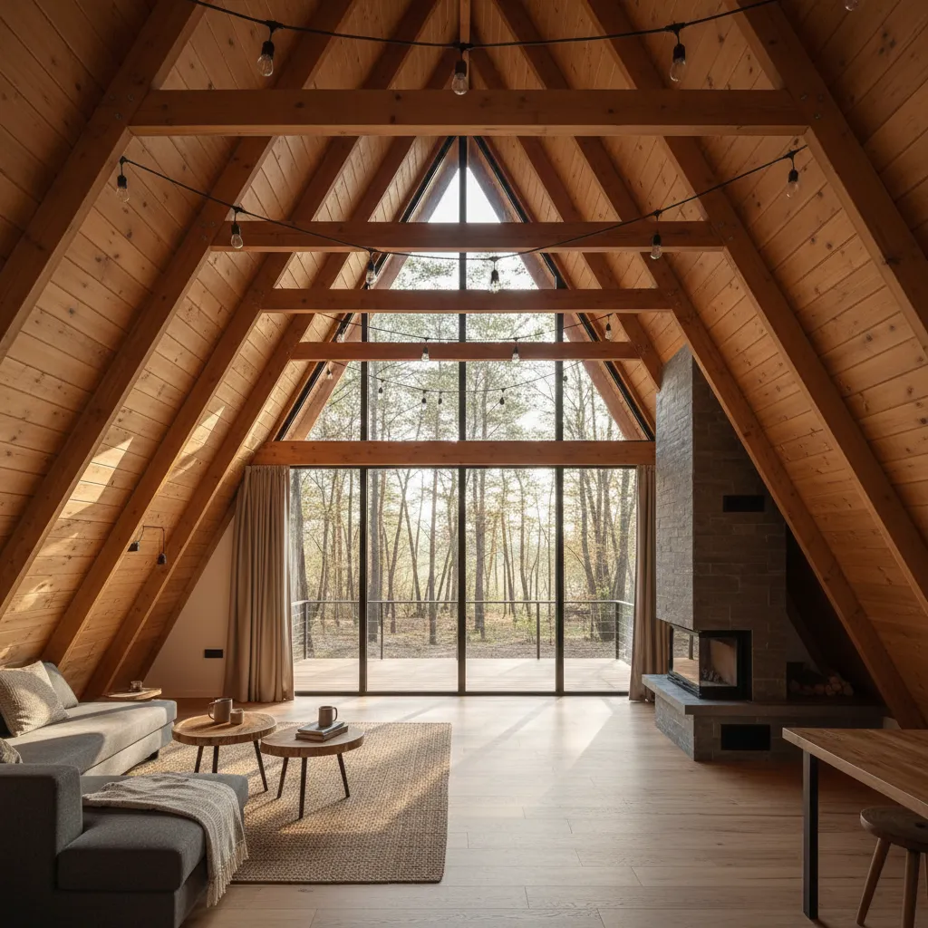 Interior structure of an A-frame house showing steep sloped walls