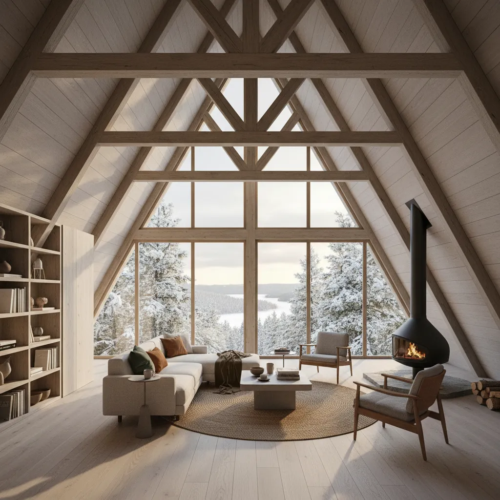 Modern A-frame living room with sofa, black fireplace, wooden bookshelves, and large snowy forest view