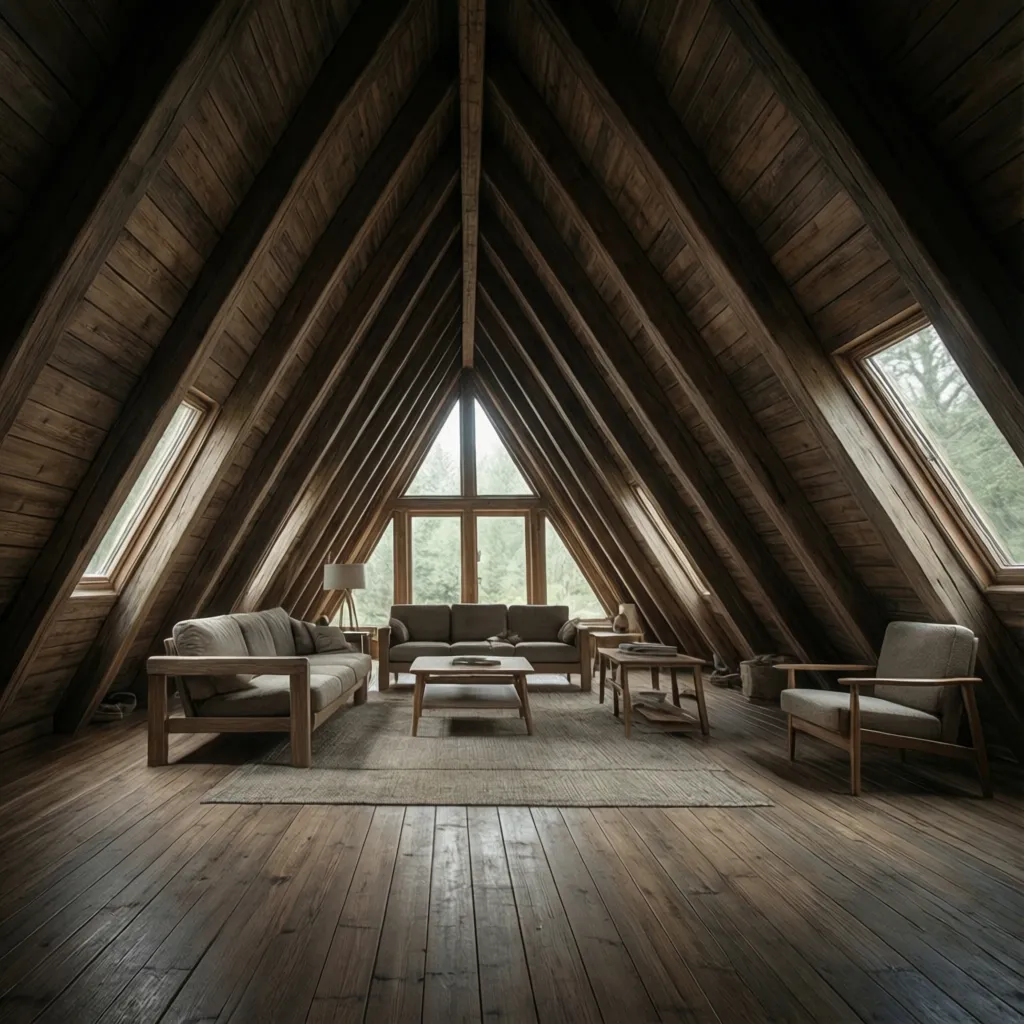 A-frame house interior showing sloped walls and central usable space