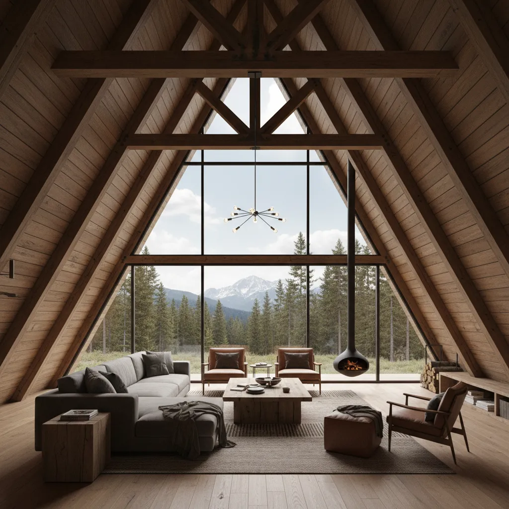 interior of an A-frame cabin showing triangular layout and open living space