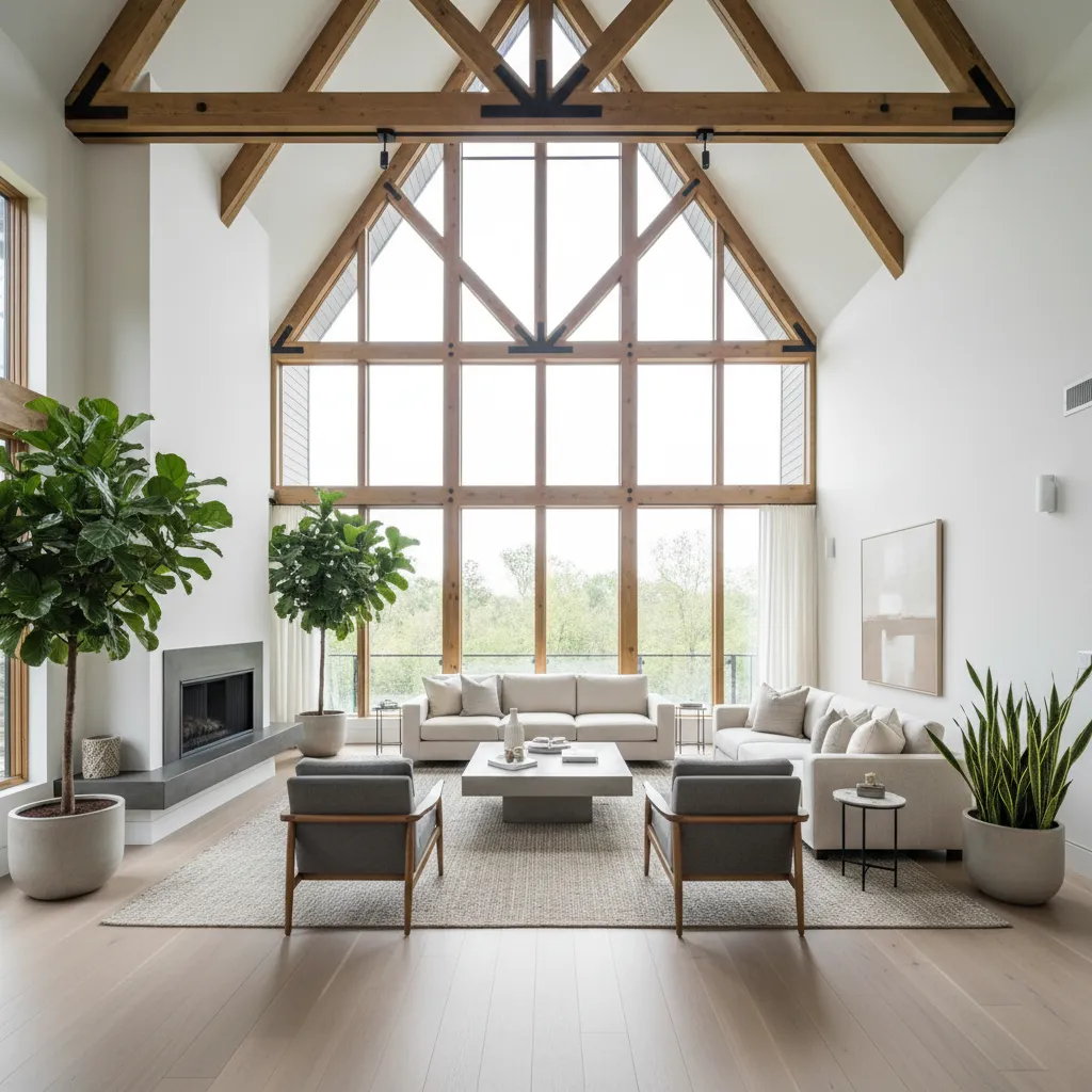 Interior of a modern A-frame home with double height living area and natural light
