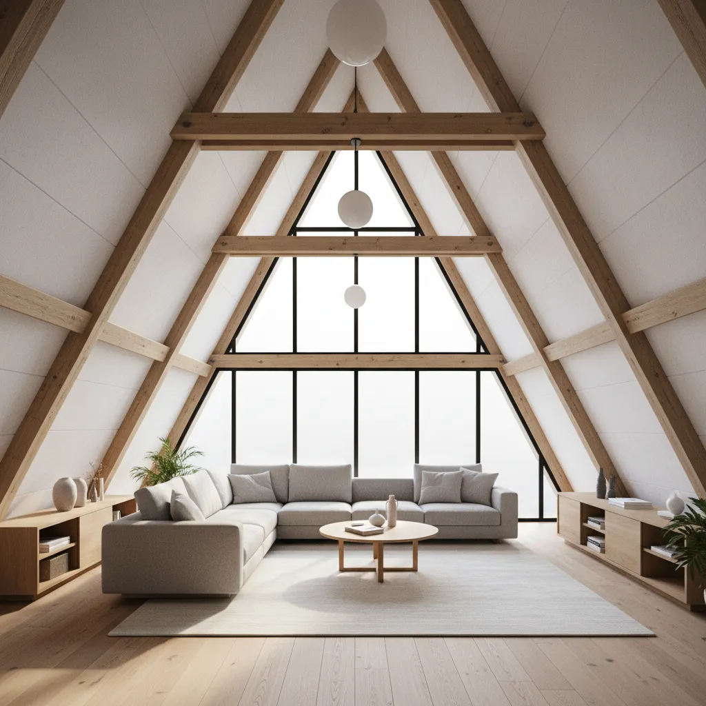 optimized living room layout in A-frame house with central seating area