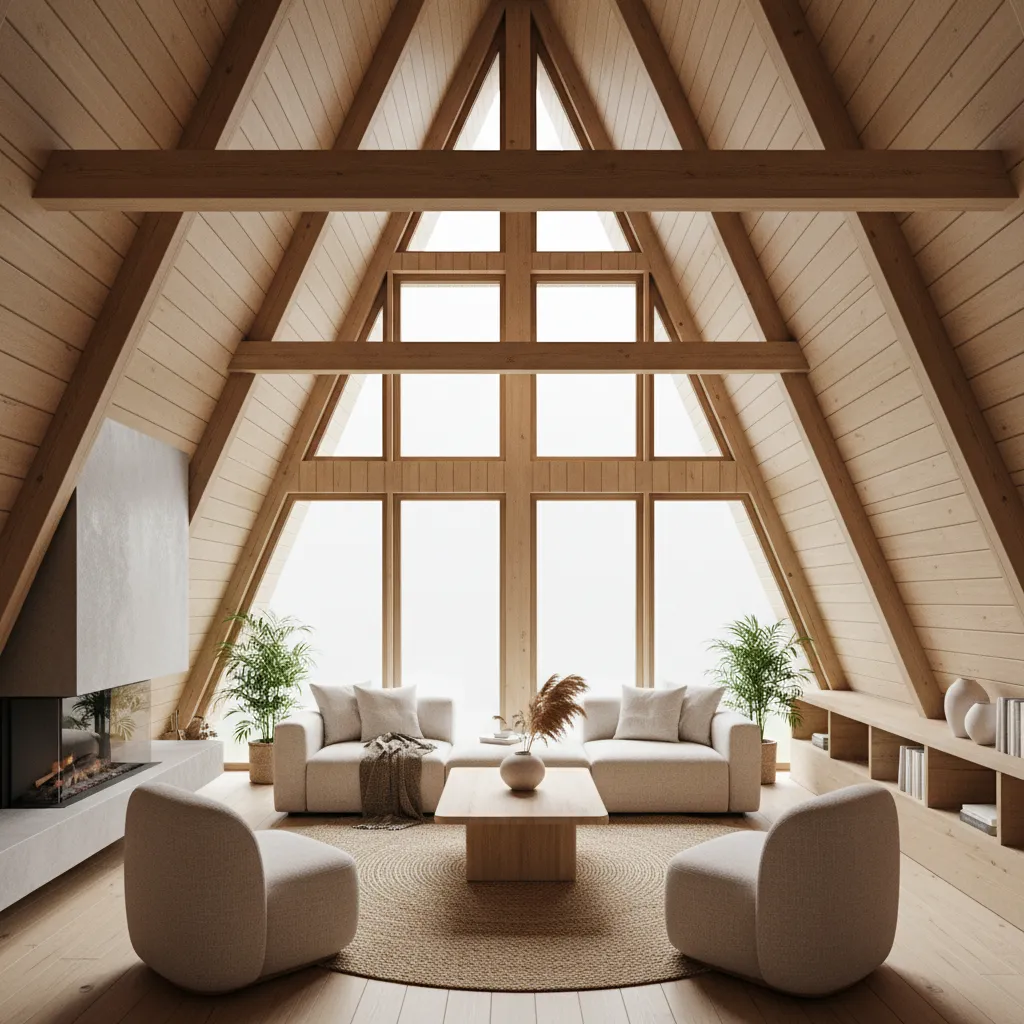 A-frame living room layout showing central seating under high ceiling