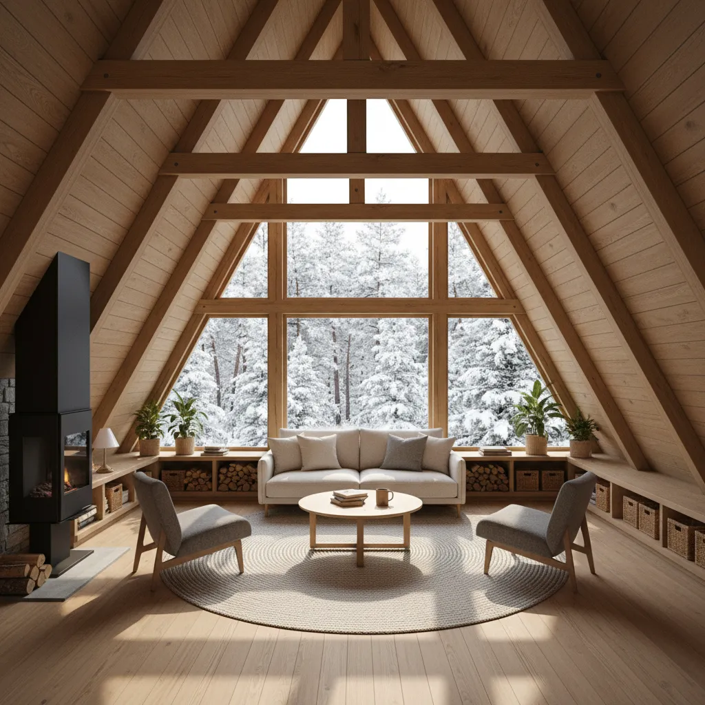 Balanced A-frame living room with beige sofa, two grey chairs, round rug, and black fireplace