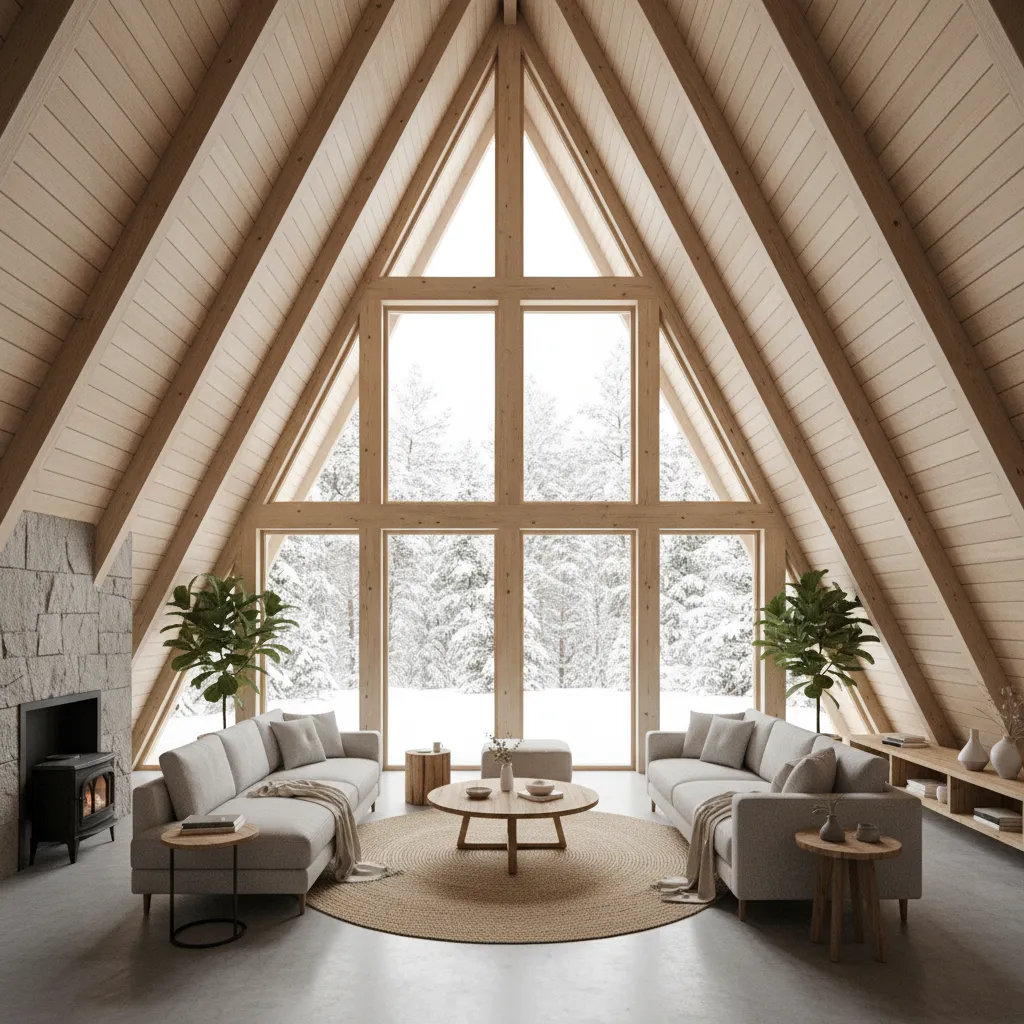 Bright A-frame living room with triangular windows and wood ceiling