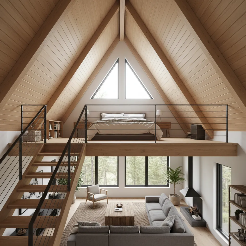 loft bedroom in A-frame house overlooking living space
