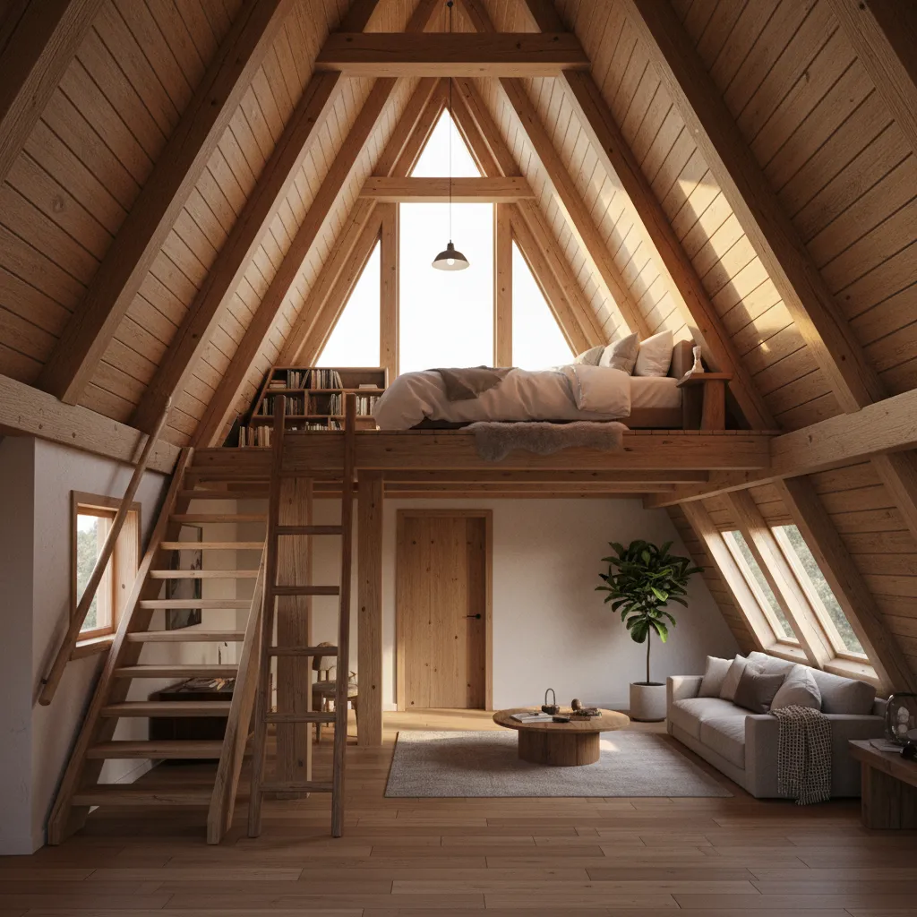 loft staircase positioned along wall inside A-frame house