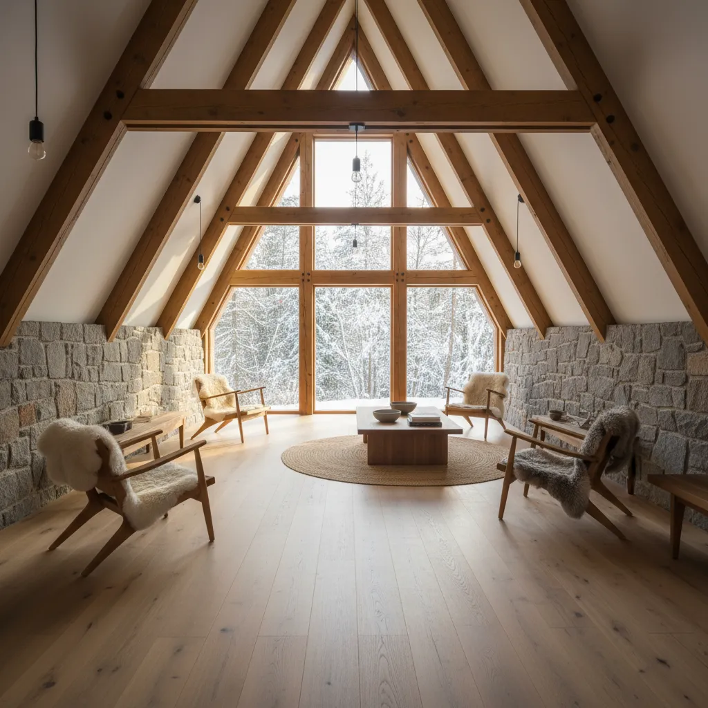 Interior materials of an A-frame home using wood beams stone base and natural light