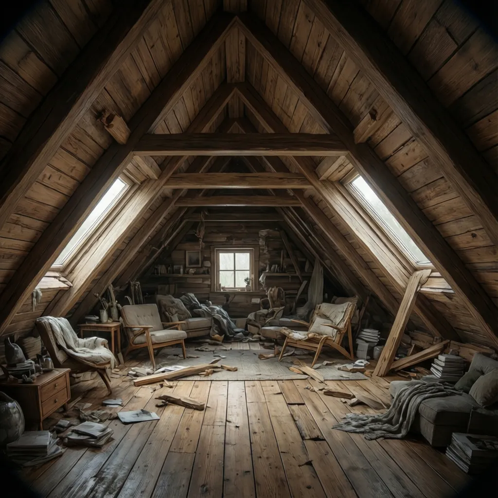 Interior structure of steep A-frame roof showing limited wall height