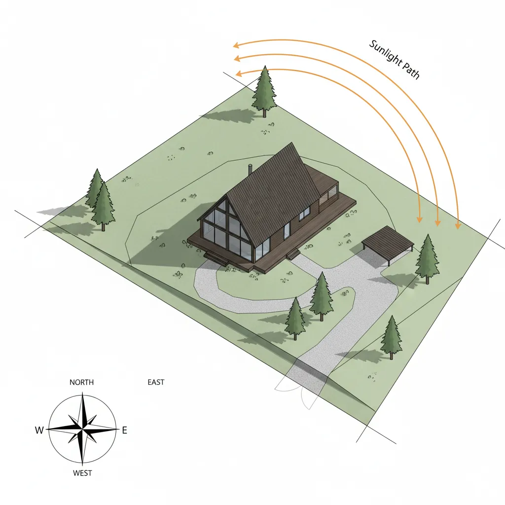 Architectural diagram showing orientation of an A-frame house relative to cardinal directions