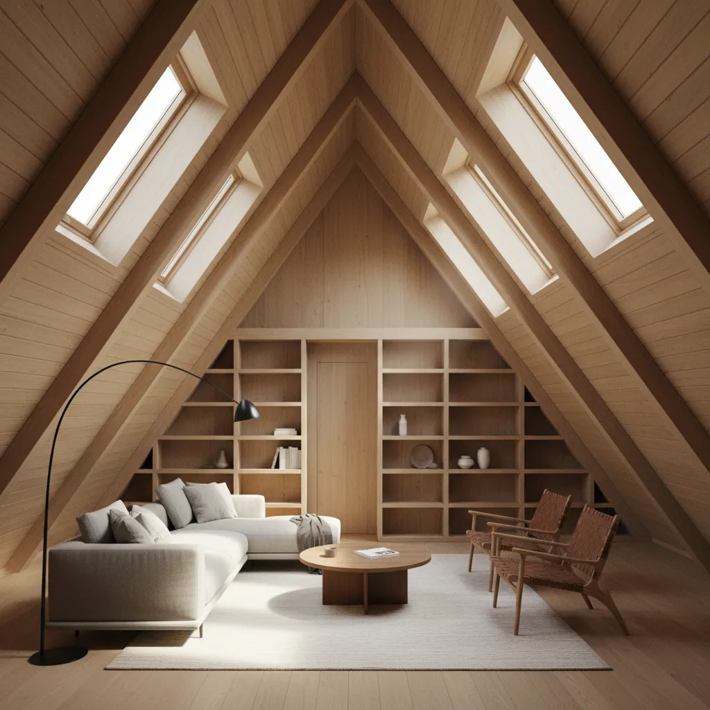 A-frame roof skylights bringing daylight into a wooden cabin interior