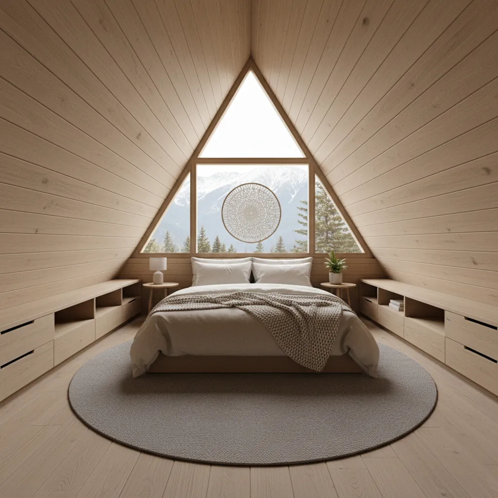 A-frame bedroom showing storage along sloped walls