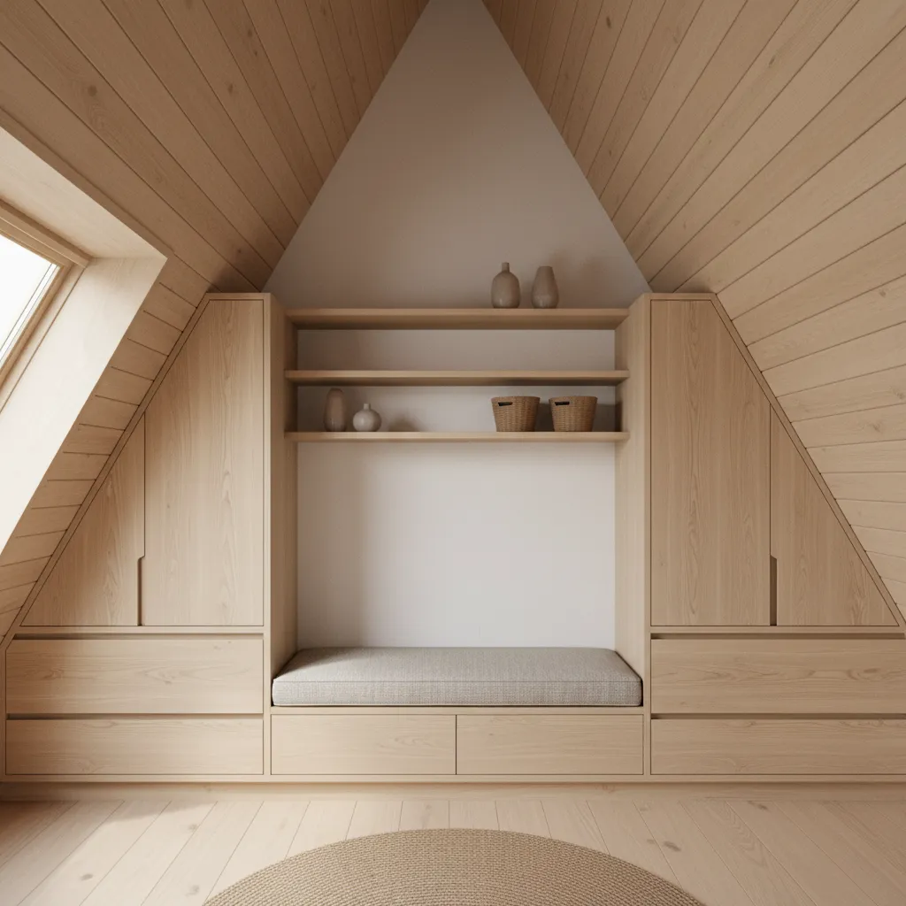 Attic storage with wooden cabinets, open shelves, padded bench seat, roof window, and wood flooring