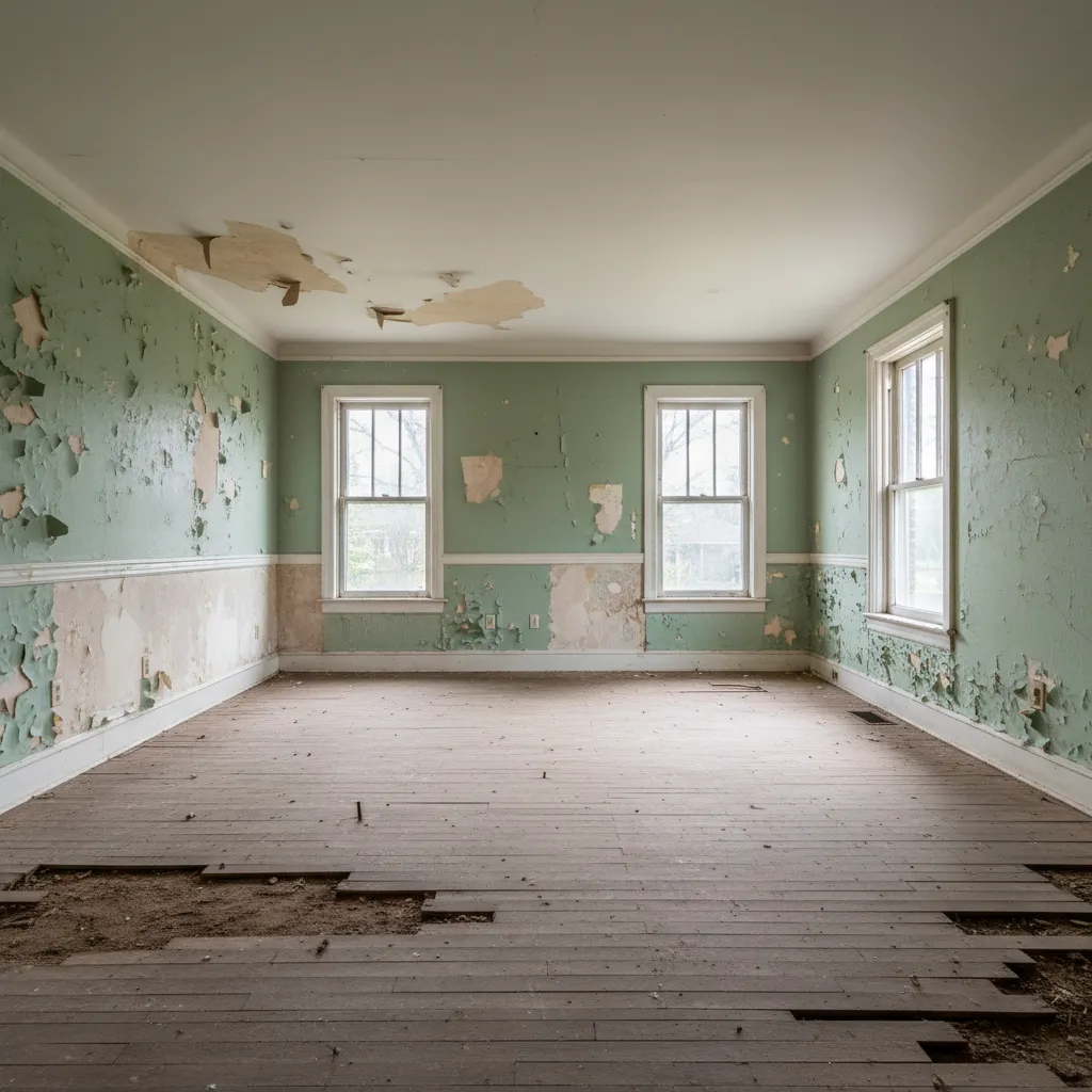 Vacant foreclosed home interior showing neglected flooring and wall damage
