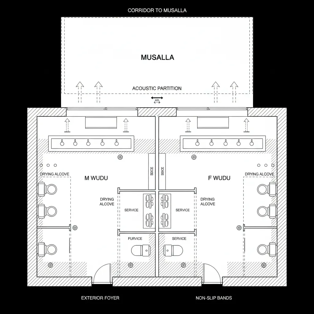 Top-down CAD plan of compact male and female ablution cores with acoustic buffer