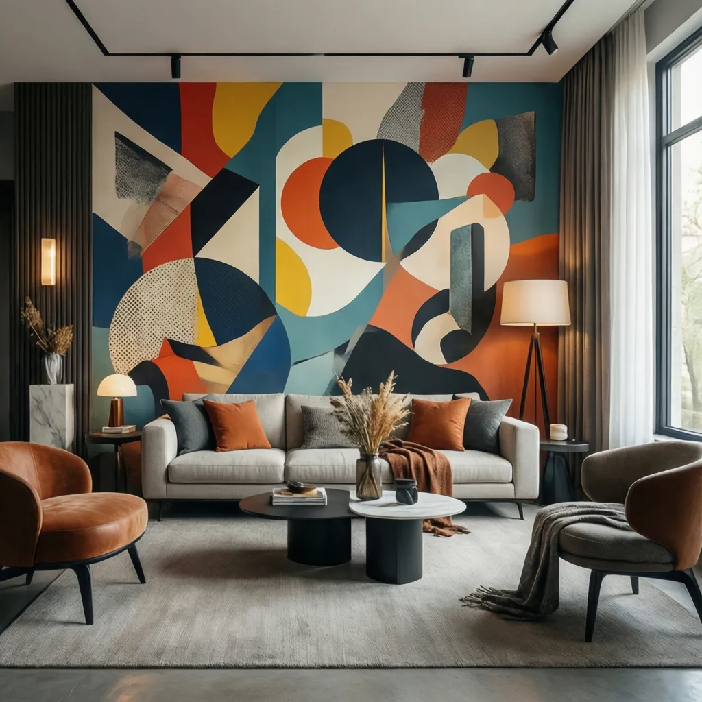 Interior contemporáneo con mural abstracto